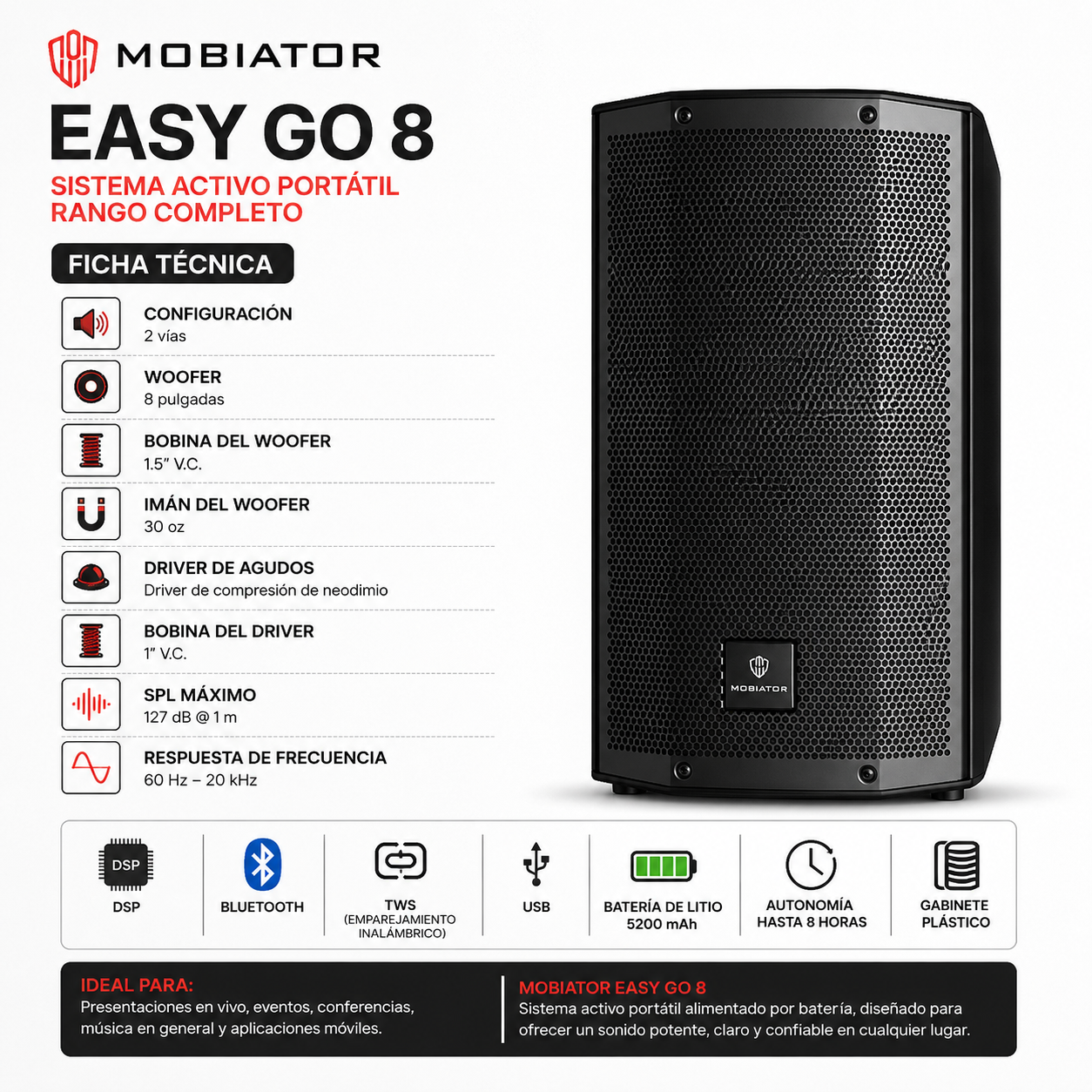 Cabina Altavoz Parlante Recargable Mobiator Easy Go 8 - 240w