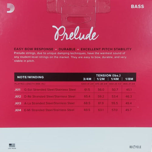 Encordado Para Contrabajo Prelude D'addario J610 - 3/4m