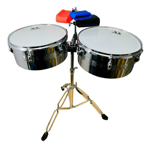 Timbal Latino Xs 13-14 + Base + Campana + Jamblock Rojo-azul