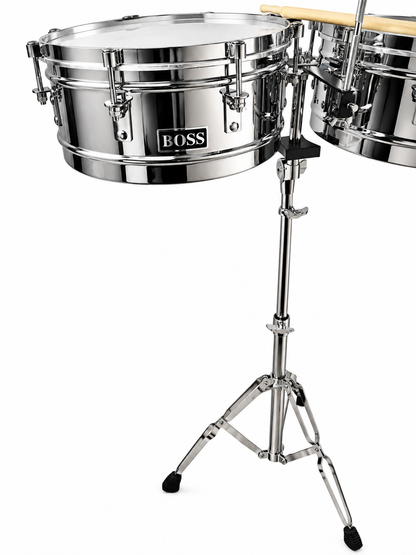 Timbal Latino Boss Cromado 14-15 + Base + Campana + Baquetas