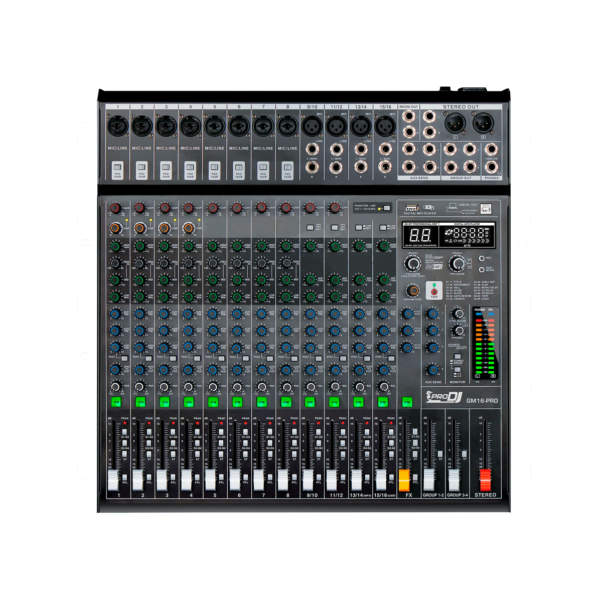 Mezclador ProDJ GM16-PRO Profesional de 16 Canales con Efectos y Conectividad USB