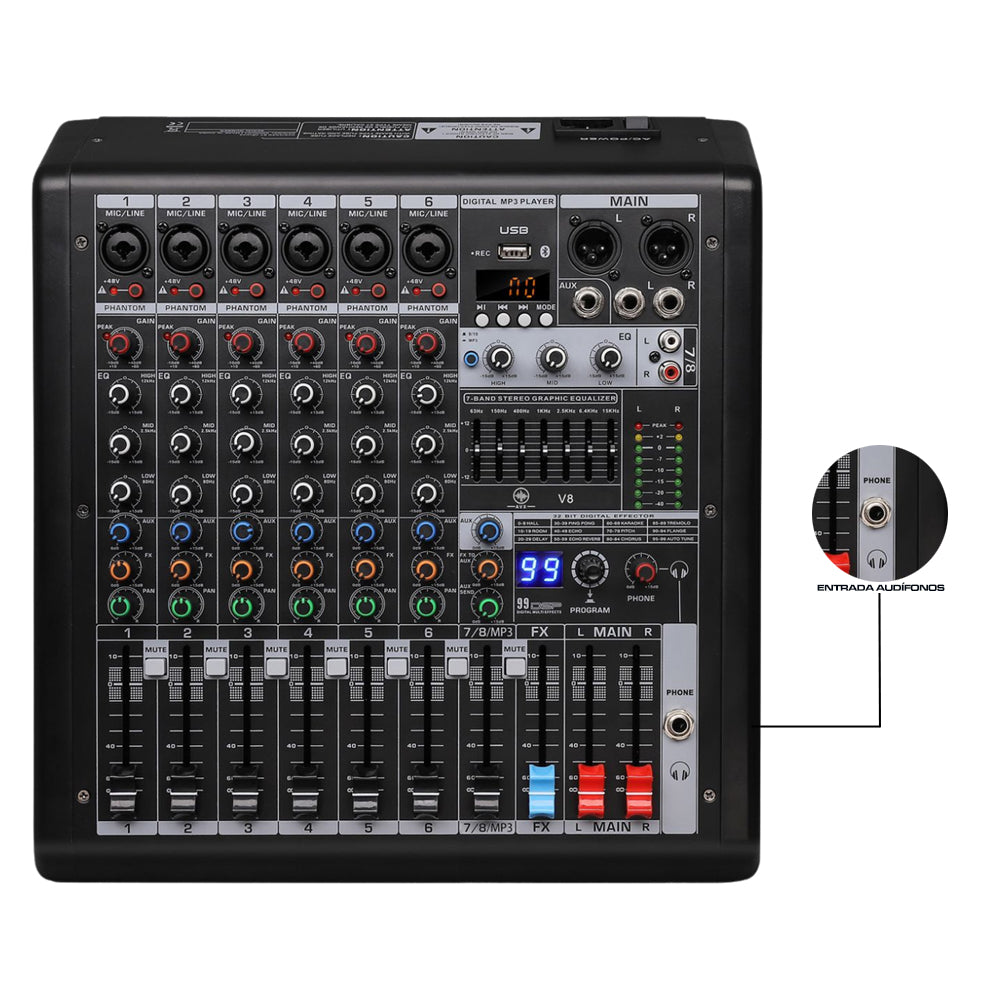 Consola Mezcladora Mixer De 8 Canales Con Efectos Aurora V8