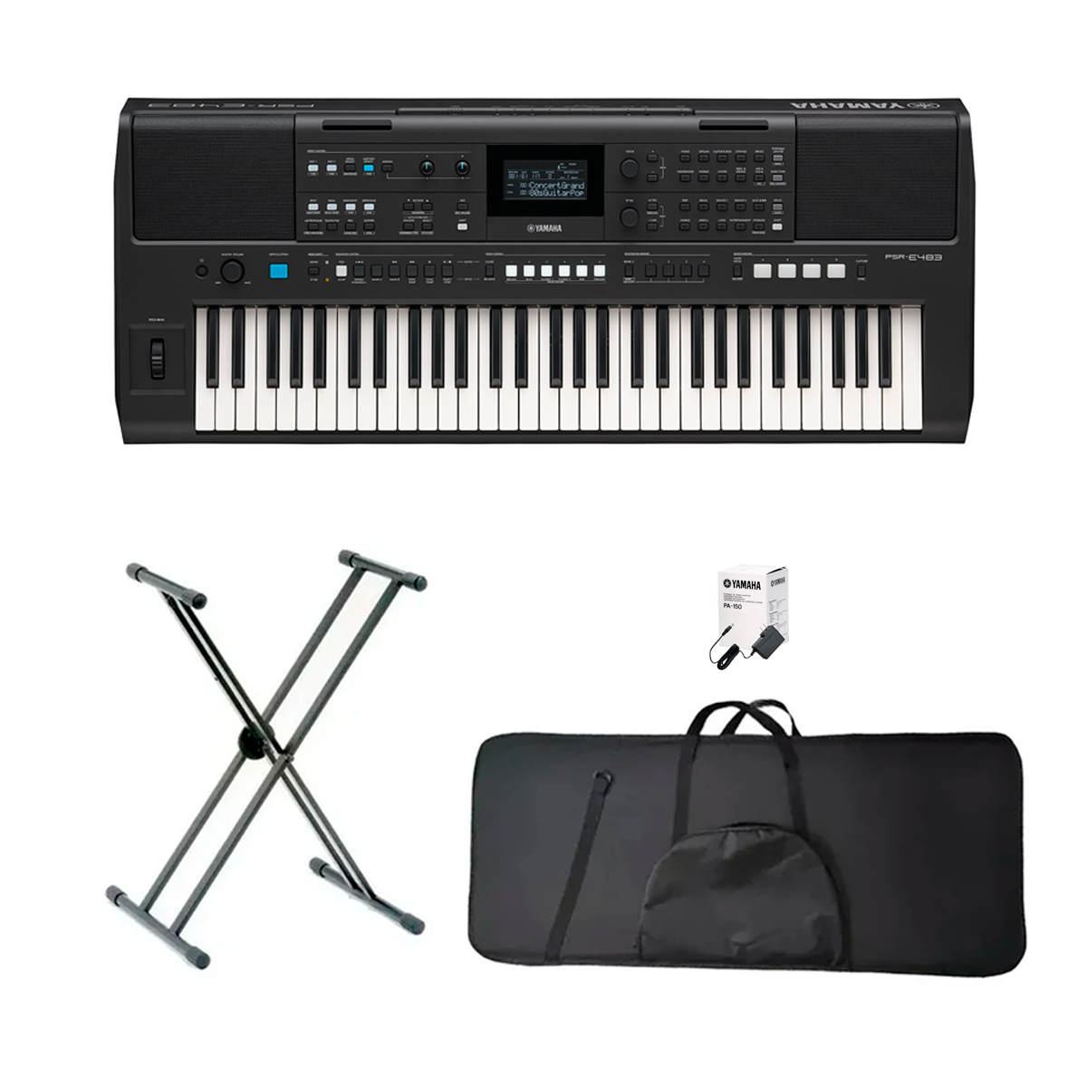 Teclado Yamaha Organeta PSR-E483 + Adap + Base Doble + Estuche Semiduro