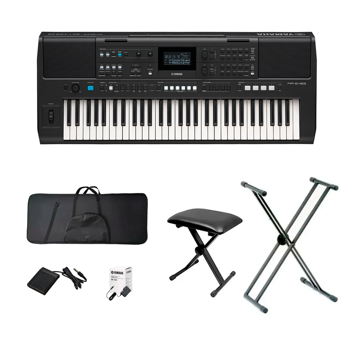 Teclado Yamaha Organeta PSR-E483 + Adap + Base Doble +Estuche Semiduro+ Silla+Pedal Sustain