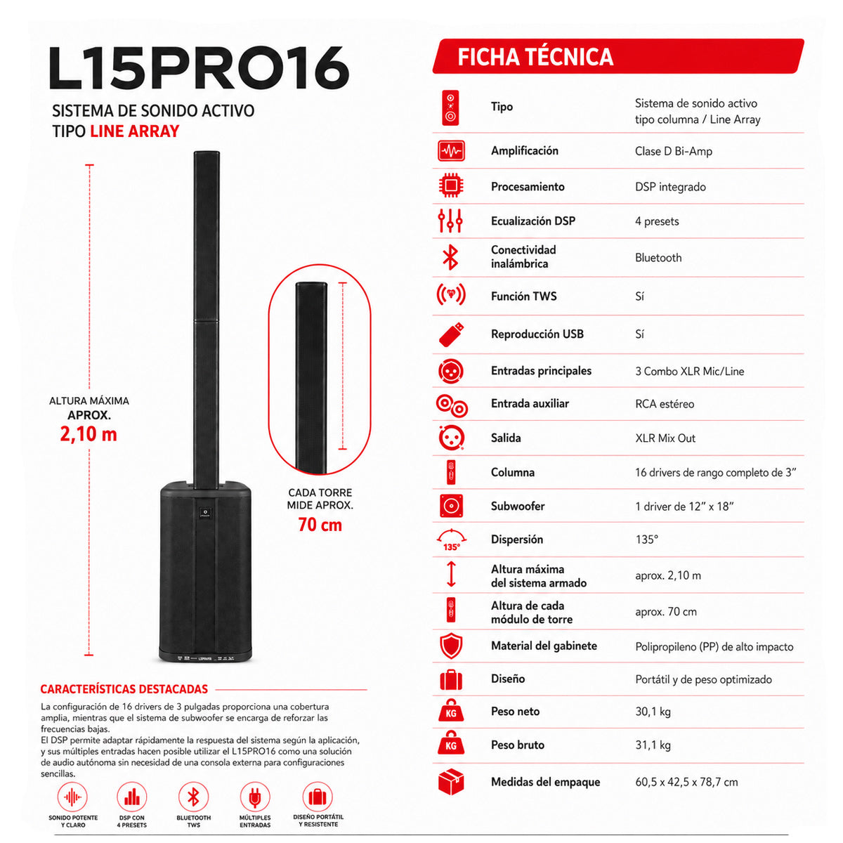 Sistema Line Aray Columna de Sonido 15" Mobiator LS15PRO16