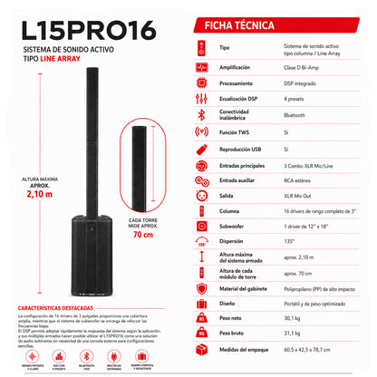 Sistema Line Aray Columna de Sonido 15" Mobiator LS15PRO16