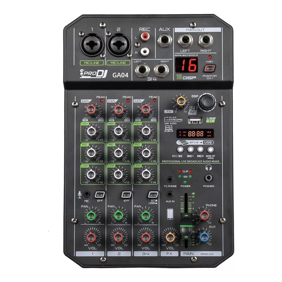 Mezclador Pro Dj Ga-04 + Bluetooth +4 Canales - Usb Interfaz