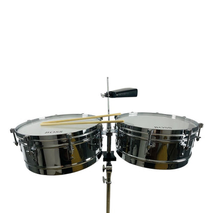 Timbal Latino Boss Cromado 14-15 + Base + Campana + Baquetas