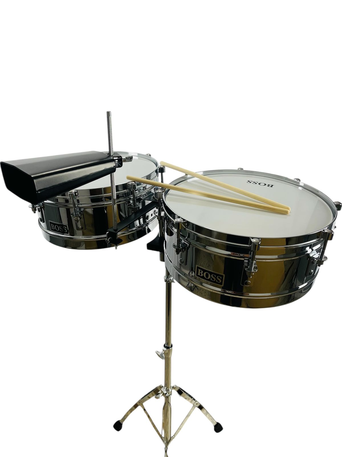 Timbal Latino Boss Cromado 14-15 + Base + Campana + Baquetas