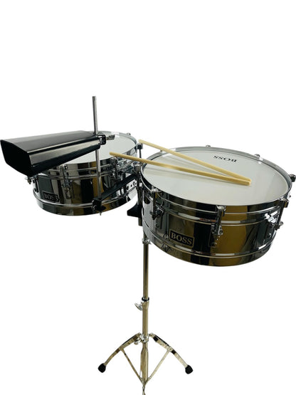 Timbal Latino Boss Cromado 14-15 + Base + Campana + Baquetas